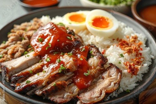 BBQ pork on rice with egg and sauce on plate photo