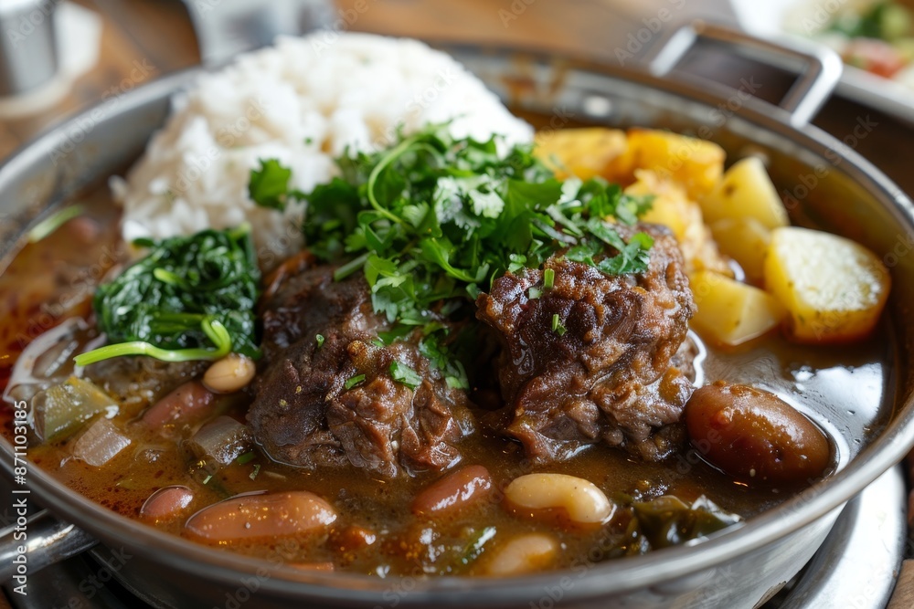 Beef and oxtail with sides in metal pan Beef and oxtail with sides in metal pan