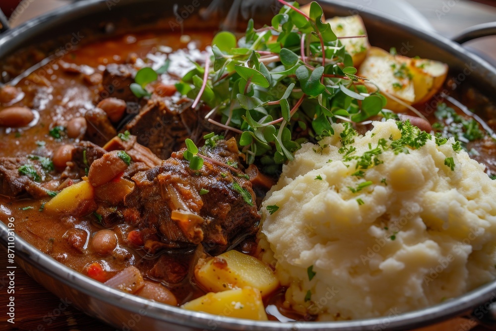 Beef and oxtail served with sides in a metal pan Beef and oxtail served with sides in a metal pan