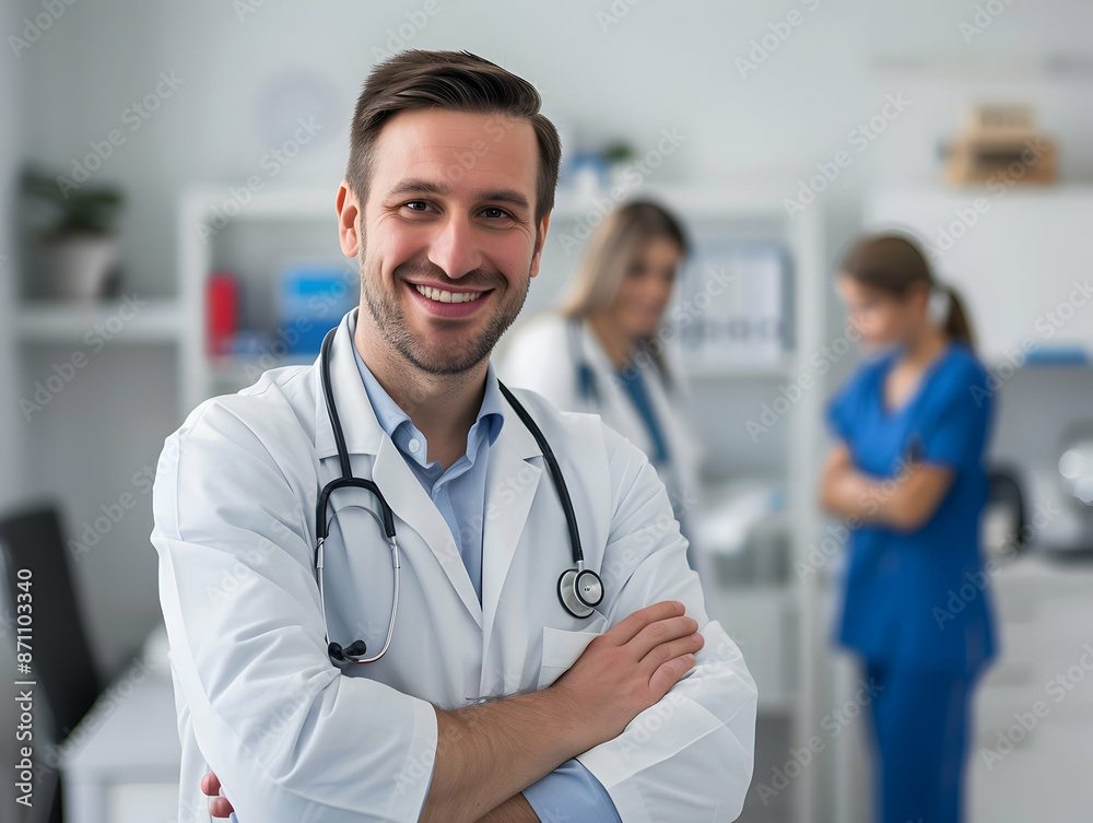 male or female doctor portrait, Healthcare, medical staff concept. Portrait of smiling male or female doctor posing with folded arms plain background, Professional general practitioner. male or female doctor portrait, Healthcare, medical staff concept. Portrait of smiling male or female doctor posing with folded arms plain background, Professional general practitioner.
