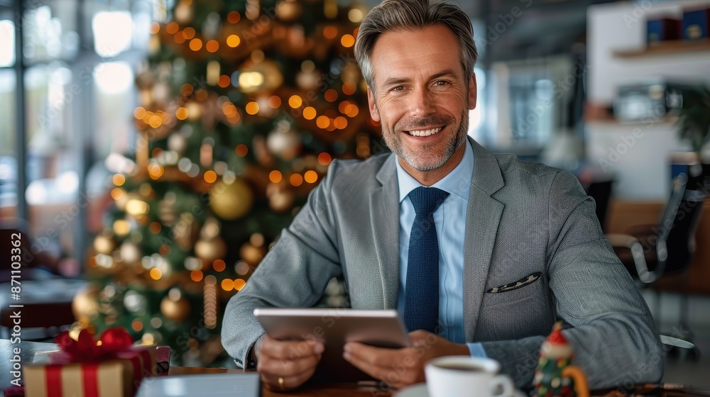A businessman with glasses and a friendly smile sits holding a tablet, with a beautifully decorated Christmas tree in the background, showcasing festive cheer. A businessman with glasses and a friendly smile sits holding a tablet, with a beautifully decorated Christmas tree in the background, showcasing festive cheer.
