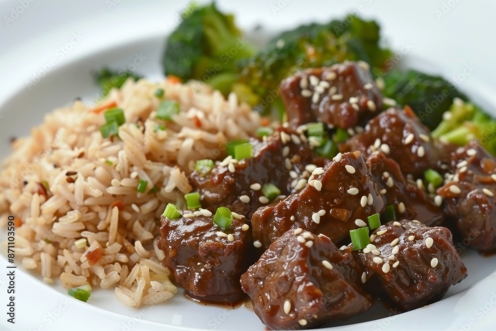 Beef heart pieces with sesame seeds sauce brown rice and broccoli stir fry on white plate closeup Beef heart pieces with sesame seeds sauce brown rice and broccoli stir fry on white plate closeup
