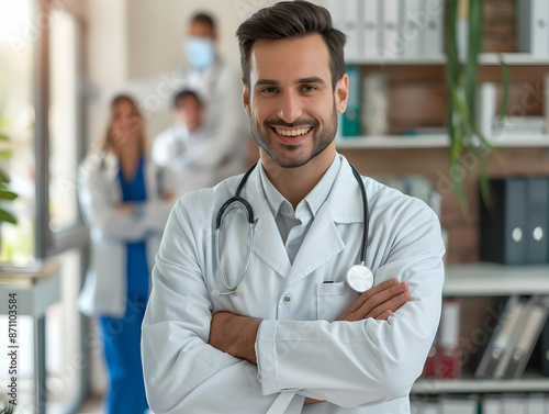 male or female doctor portrait, Healthcare, medical staff concept. Portrait of smiling male or female doctor posing with folded arms plain background, Professional general practitioner. © Akilmazumder