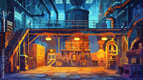 Steel Foundry Blast Furnace Cartoon Style Game Background Industrial Manufacturing Plant Heavy Industry Illustration Factory Production Steelmaking Process Machinery Smokestacks