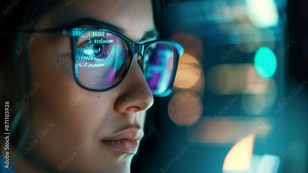 computer programming code reflecting on developer woman's glasses. Cyber security and personal data protection. Close-up of eyes and glasses with HTML code reflected. computer programming code reflecting on developer woman's glasses. Cyber security and personal data protection. Close-up of eyes and glasses with HTML code reflected.