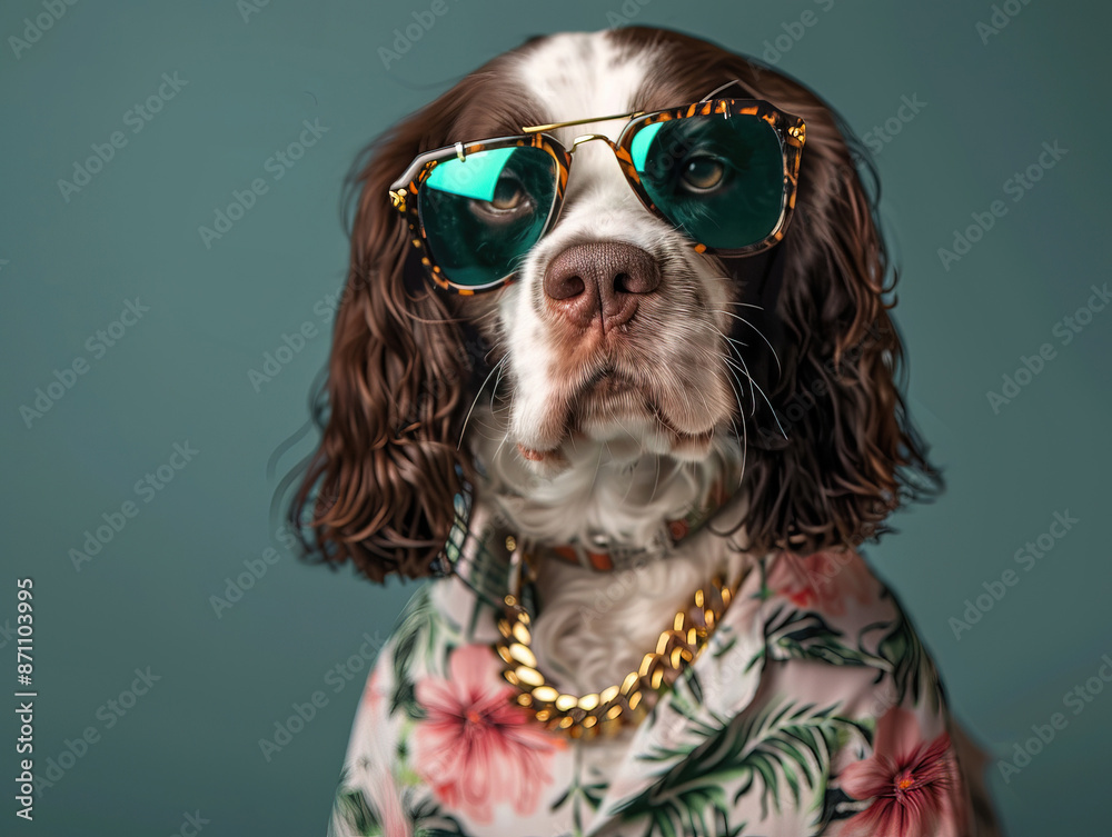 Photorealistic, miami vice style, English Springer Spaniel, sunglasses, floral shirt, gold chain Springer Spaniel Dog at the park Photorealistic, miami vice style, English Springer Spaniel, sunglasses, floral shirt, gold chain Springer Spaniel Dog at the park