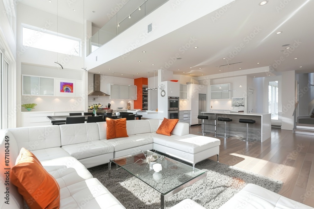 Interior of modern living room with white sofa and orange armchair Interior of modern living room with white sofa and orange armchair