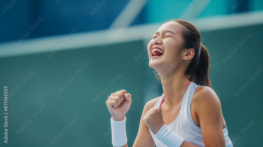 Chinese female tennis player celebrating victory on the court, close-up of her happy face with closed eyes, wearing a white sleeveless top with red details Chinese female tennis player celebrating victory on the court, close-up of her happy face with closed eyes, wearing a white sleeveless top with red details