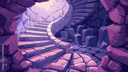 Stone Spiral Staircase Going Deep Underground Cartoon Game Illustration Ancient Dungeon Cavern Descent Mystery Adventure Fantasy Medieval Architecture Dark Passageway Exploration