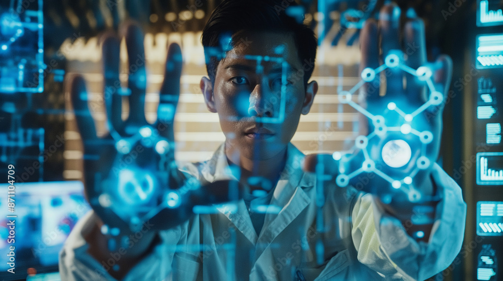Researcher using biometric devices to collect data, futuristic technology in action, bottom third copy space Researcher using biometric devices to collect data, futuristic technology in action, bottom third copy space