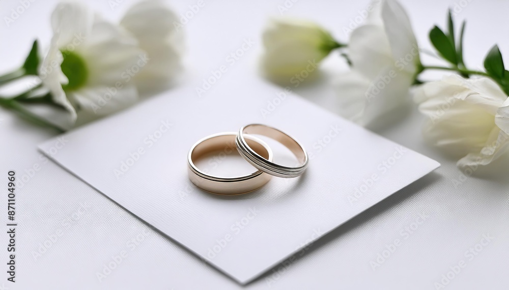 Wedding card in white colors with flowers and wedding ring Wedding card in white colors with flowers and wedding ring