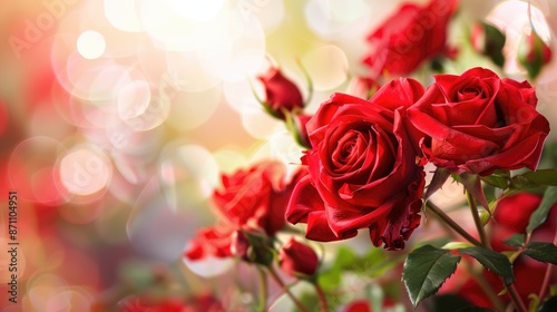 Fototapeta Naklejka Na Ścianę i Meble -  Red roses in close up view against a blurred background