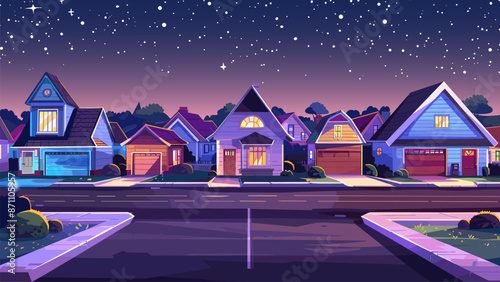 Suburban Houses Street with Cottages with Garages at Night Cartoon Game Background Residential Neighborhood Suburbia Community Nighttime Illumination Architecture Urban Landscape