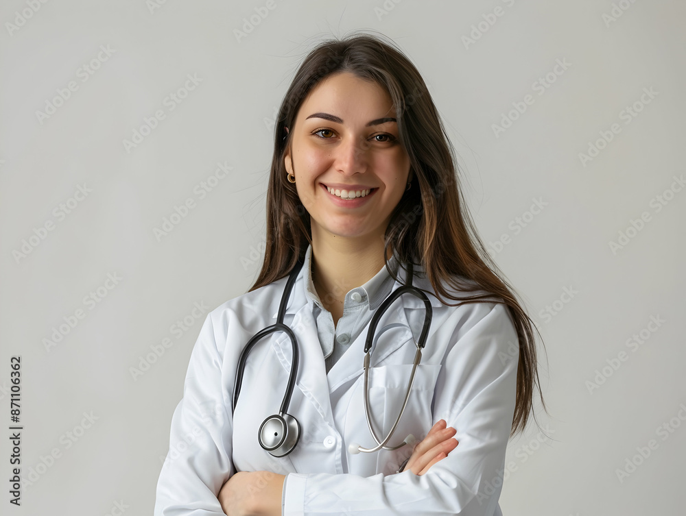 male or female doctor portrait, Healthcare, medical staff concept. Portrait of smiling male or female doctor posing with folded arms plain background, Professional general practitioner. male or female doctor portrait, Healthcare, medical staff concept. Portrait of smiling male or female doctor posing with folded arms plain background, Professional general practitioner.