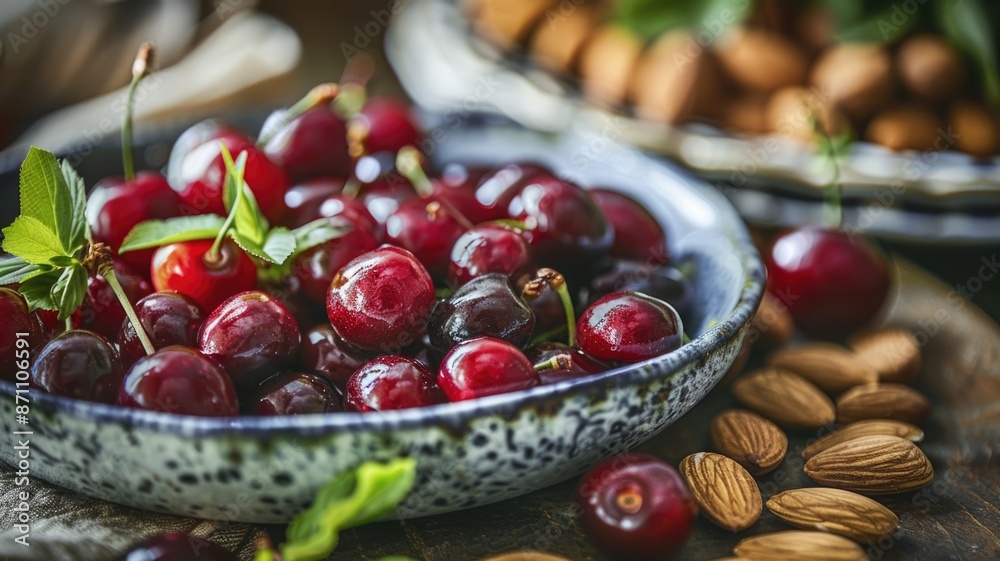 A close-up of fresh, juicy cherries in a ceramic bowl, accompanied by raw almonds A close-up of fresh, juicy cherries in a ceramic bowl, accompanied by raw almonds