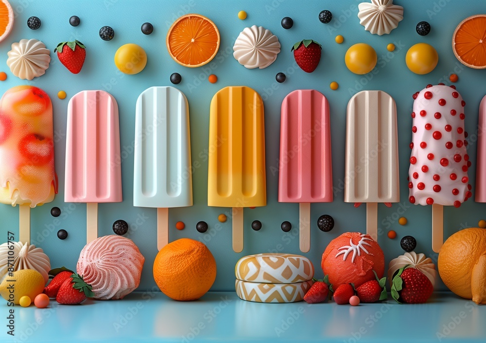 Playful Popsicle Illustration in Bright Geometric Patterns on Vivid Blue Background Playful Popsicle Illustration in Bright Geometric Patterns on Vivid Blue Background