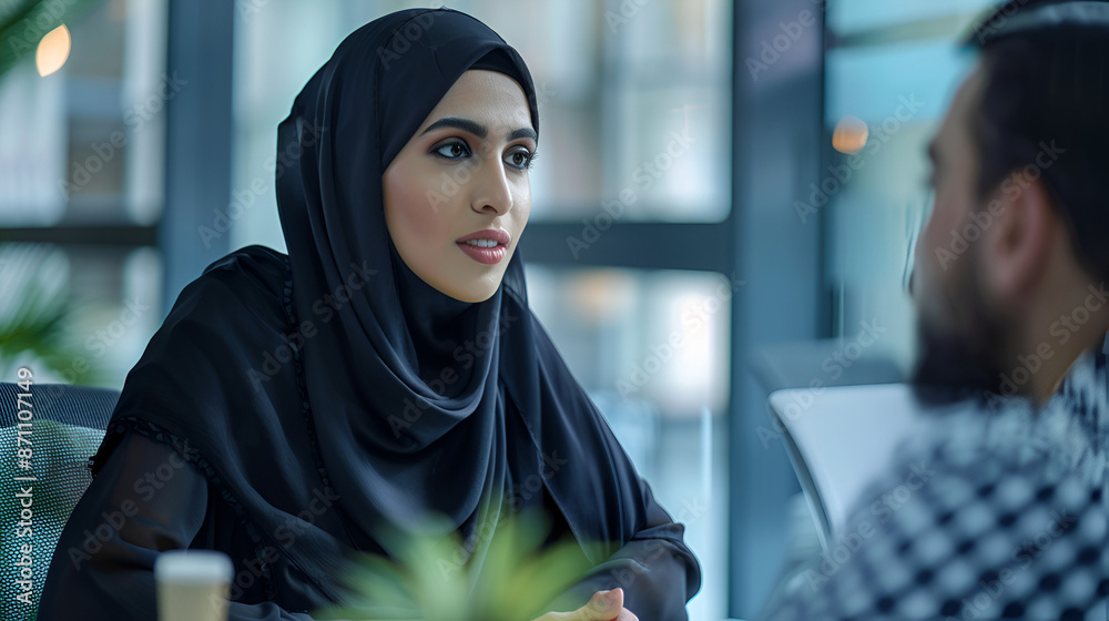 A Saudi woman talks with her colleague A Saudi woman talks with her colleague