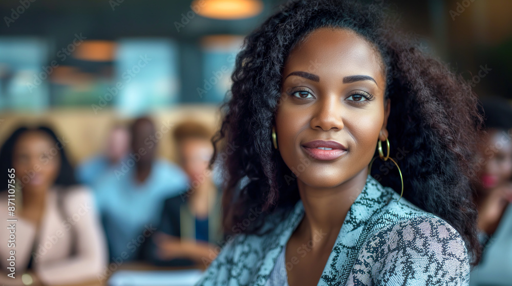 beautiful black business woman in her late thirties with long curly hair, sitting at the table and looking into camera while group people having meeting behind her, blurred background beautiful black business woman in her late thirties with long curly hair, sitting at the table and looking into camera while group people having meeting behind her, blurred background