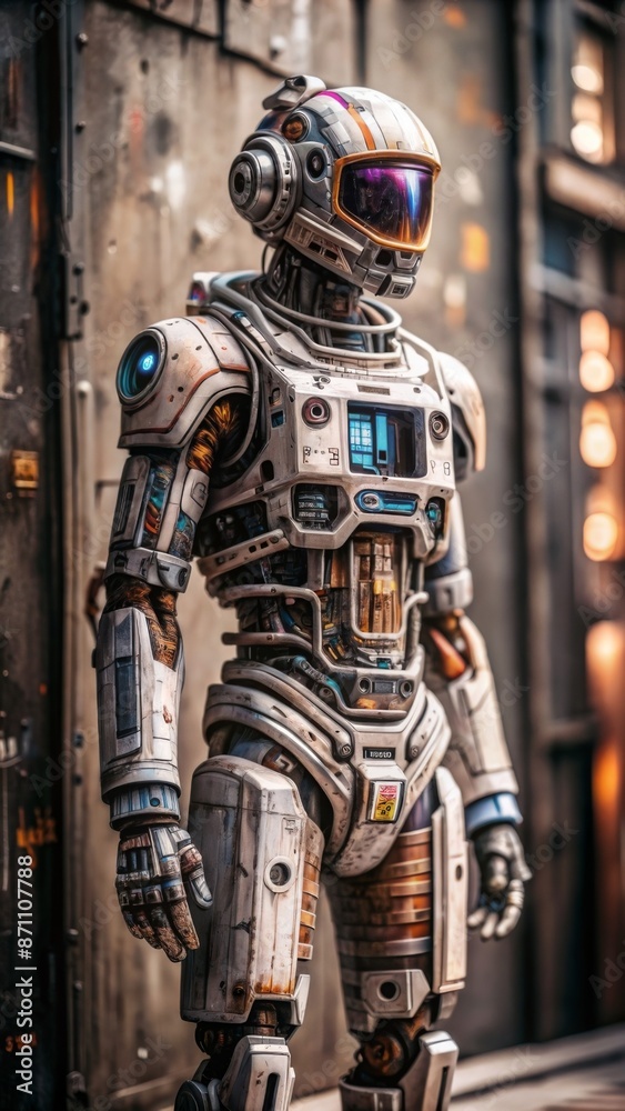 Futuristic steampunk robot in a city alley, detailed industrial design Futuristic steampunk robot in a city alley, detailed industrial design
