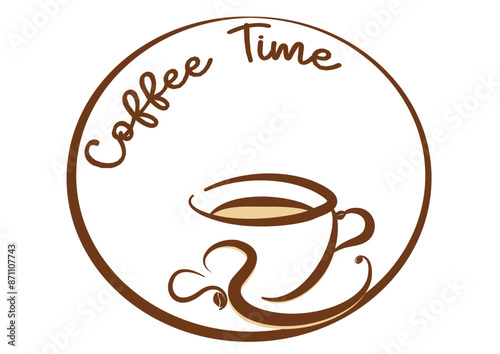 Coffee time - colore marrone - parola scritta racchiusa in cerchio con una tazza di caffè, chicchi - grafica vettoriale - brown color - written word in circle with a cup of coffee - vector graphics