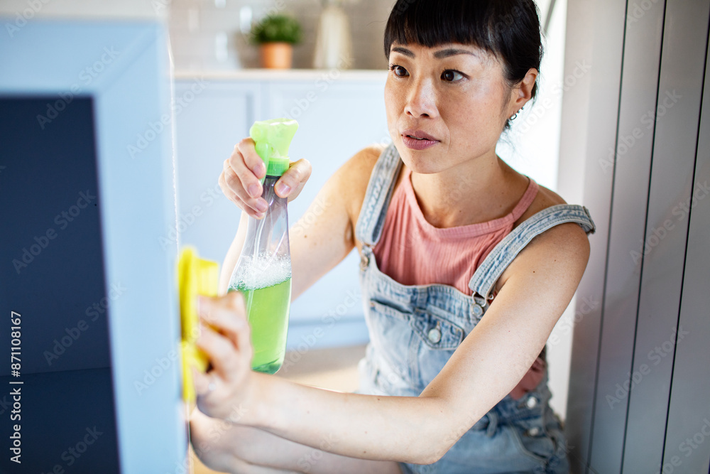 Asian woman cleaning kitchen countertop with spray and cloth Asian woman cleaning kitchen countertop with spray and cloth
