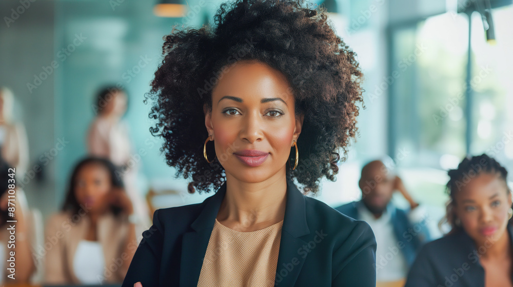 confident businesswoman standing in front of her team at an office meeting, with curly hair and a black suit jacket. confident businesswoman standing in front of her team at an office meeting, with curly hair and a black suit jacket.