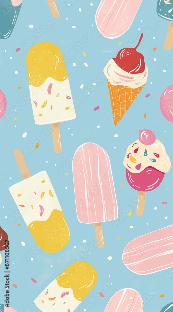 Ice cream pattern. Summer street food, snacks. Cone waffle with filling, ice cream balls in cup, ice cream in cone. Flat cartoon style background. High quality AI generated image Ice cream pattern. Summer street food, snacks. Cone waffle with filling, ice cream balls in cup, ice cream in cone. Flat cartoon style background. High quality AI generated image
