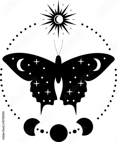 Mystical Occult Moth Silhouette with Stars, Moon, Sun, Planets. Western Esotericism. Tarot Card Back Design. Celestial Elements. Witchy Alchemy Wall Art Decor. Butterfly Design