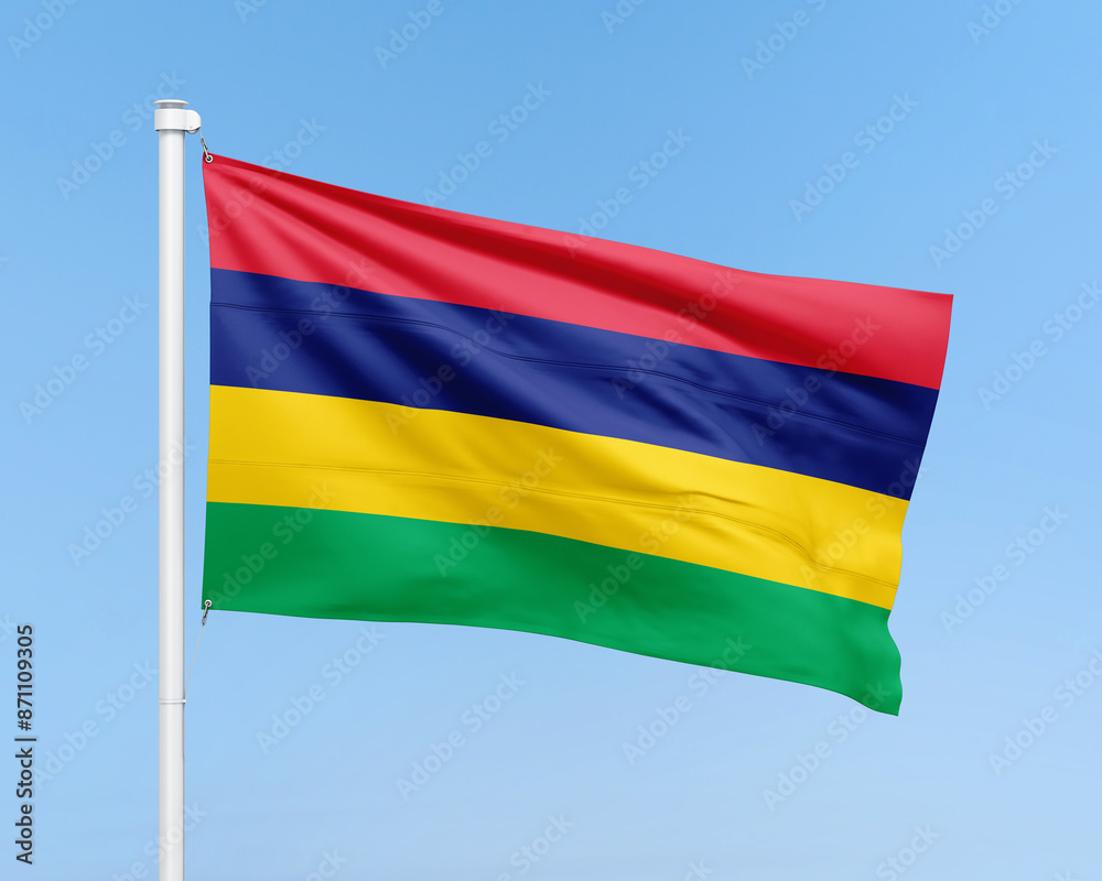 Mauritius flag on stick on sky background. Realistic flag illustration Mauritius flag on stick on sky background. Realistic flag illustration