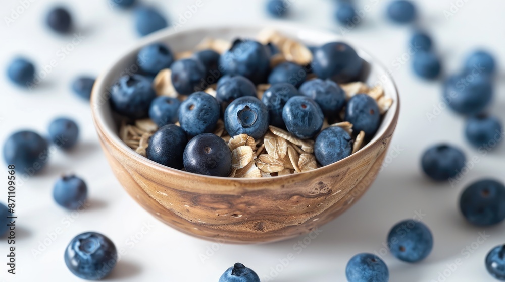Nutritious morning meal Oats and blueberries on a white surface Room for writing Nutritious morning meal Oats and blueberries on a white surface Room for writing