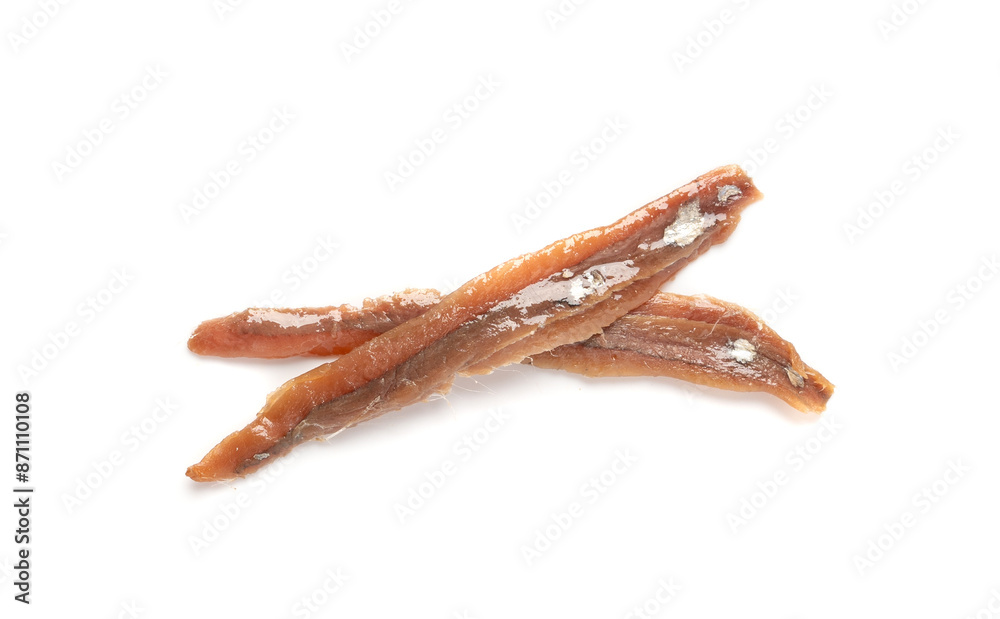 Canned anchovy fillet, marinated fish, traditional salted anchovy in oil on white Canned anchovy fillet, marinated fish, traditional salted anchovy in oil on white