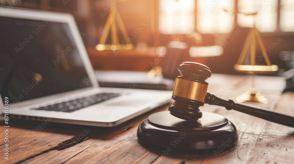 Judge s gavel on table near laptop with empty space for text Judge s gavel on table near laptop with empty space for text