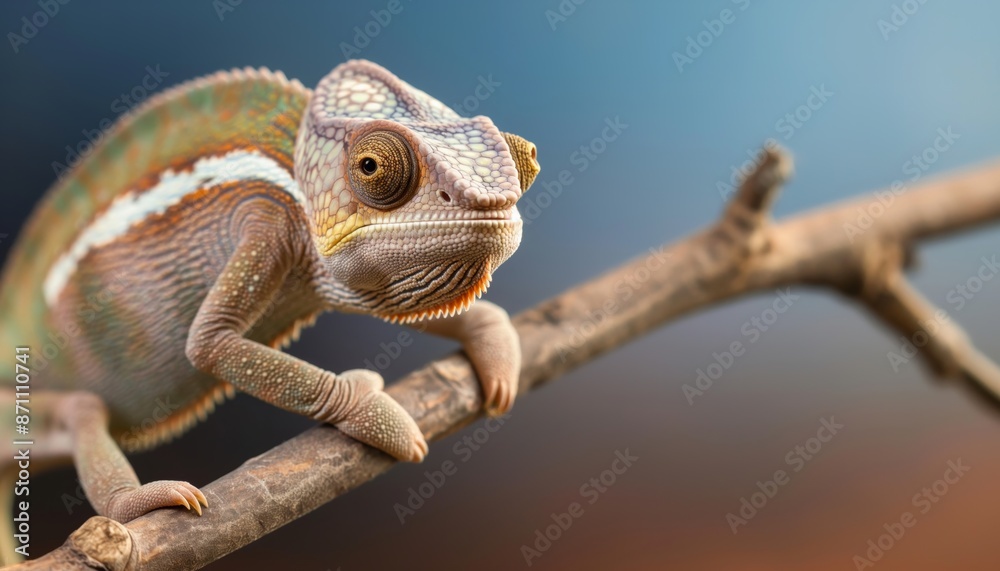 Obraz premium A chameleon with its eyes focusing intently, perched on a branch in the wild. Its vibrant colors and detailed textures stand out strikingly against the background.