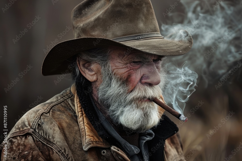 Fototapeta premium Man Cowboy Hat. Portrait of Older White Male Cowboy in Brown Hat and Jacket