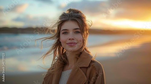 A young woman in a tan coat stands at the beach during sunset, with her hair softly blowing in the breeze, radiating contentment as the golden light envelops her surroundings. © Pinklife