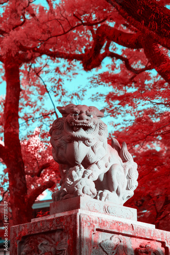 Infrared Photography of a Stone Lion Statue in Kyoto photo