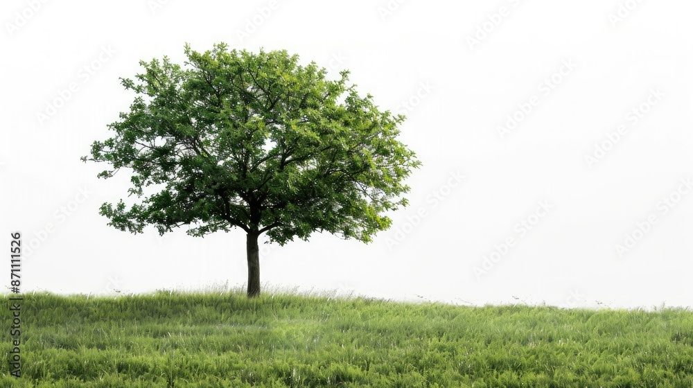 Fototapeta premium Single Tree In Field. Isolated Green Tree with Natural Environment Background