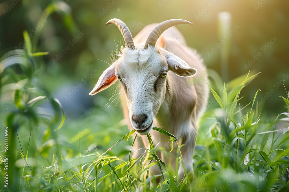 Fototapeta premium Adult goat eating grass in lush field