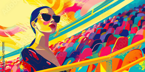 Confident woman in sunglasses with colorful seats in background