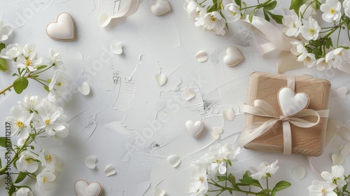 Wedding Overhead. Rustic White Flowers and Hearts Gift with Love - Valentine's Day Mockup