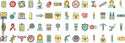 Reproductive health icons set outline vector. Menopause health. Woman infection thin line color flat on white