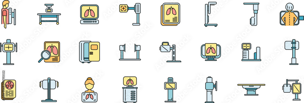 Fluorography icons set outline vector. Man lung. Health body thin line color flat on white