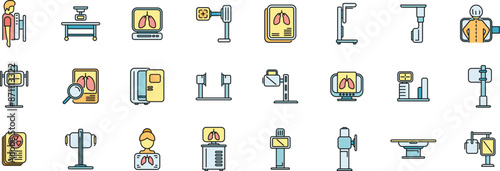 Fluorography icons set outline vector. Man lung. Health body thin line color flat on white