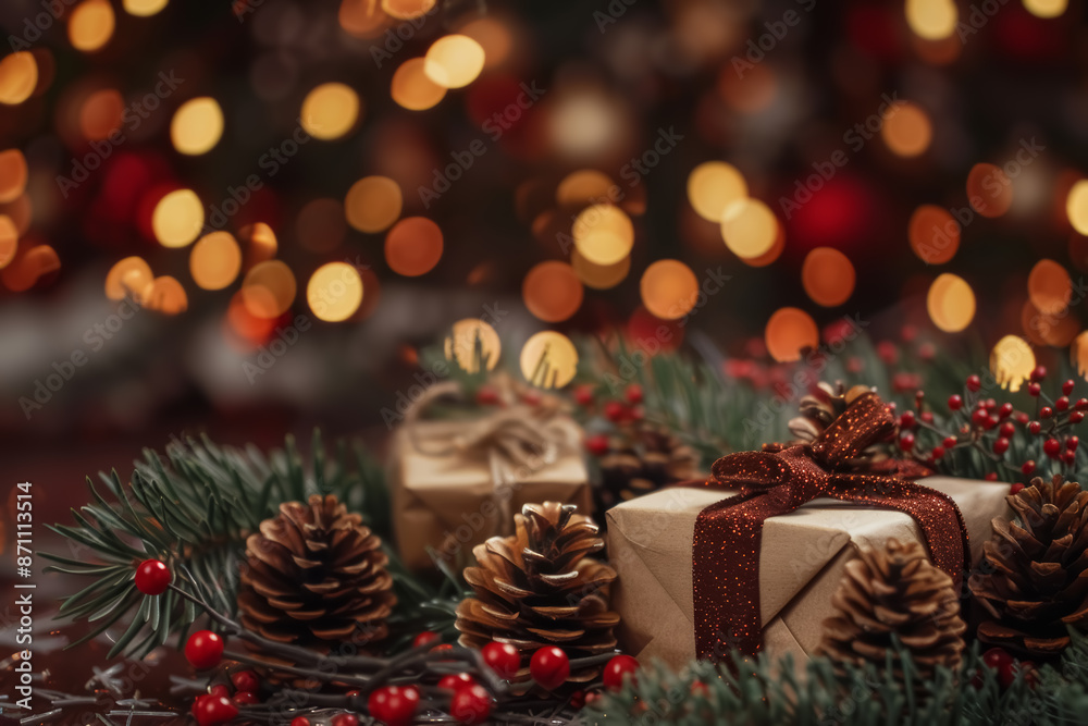 Gift box with bow, pine cones and branches on golden bokeh background. Christmas and New Year design. Gift box with bow, pine cones and branches on golden bokeh background. Christmas and New Year design.