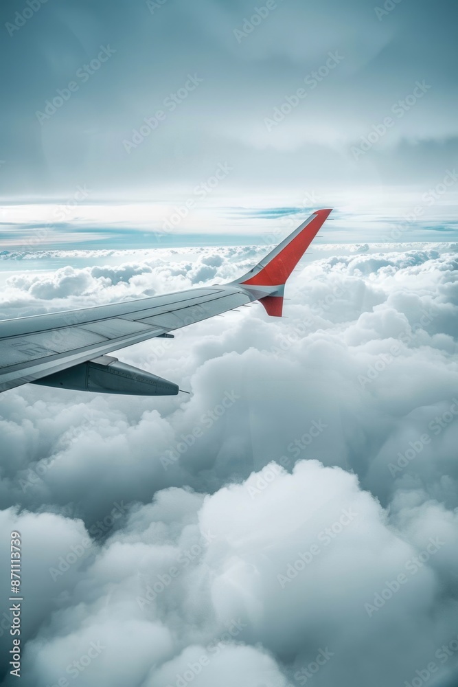 Fototapeta premium Flying Through Clouds. Aircraft Wing in Flight with Escapism and Travel Concept