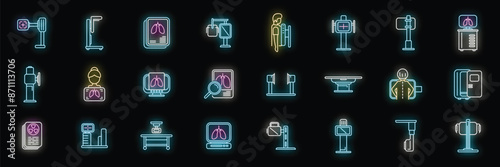 Fluorography icons set outline vector. Man lung. Health body neon color on black