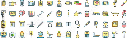 Medical examination icons set outline vector. Health check. Test medical thin line color flat on white