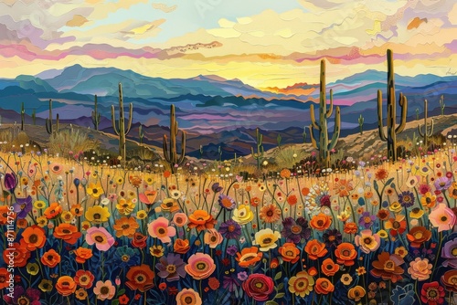 Mexican Desert Landscape with Wildflowers and Saguaro Cacti in Arizona at Sunset