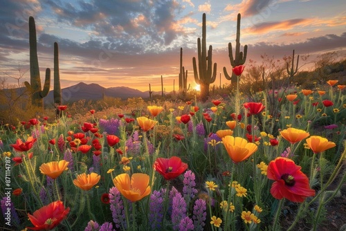Mexican Desert. Stunning Sunset Landscape with Wildflowers and Saguaro Cacti in Arizona photo