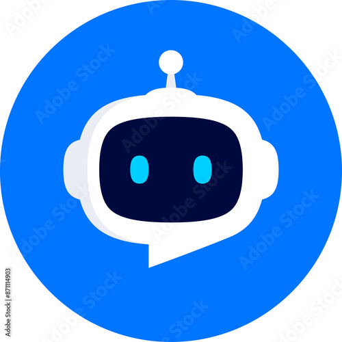 Robot head with speech bubble in blue circle on white background. Chat Bot logo design concept. Cute robot icon with speech bubble. Support service bot. Vector illustration